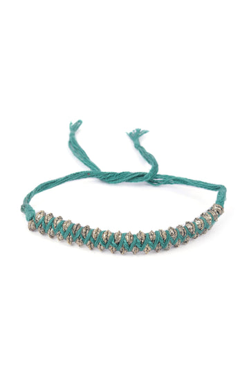 Set Of 2: Rida Pine Green Thread & Antique Plated Brass Beaded Anklets